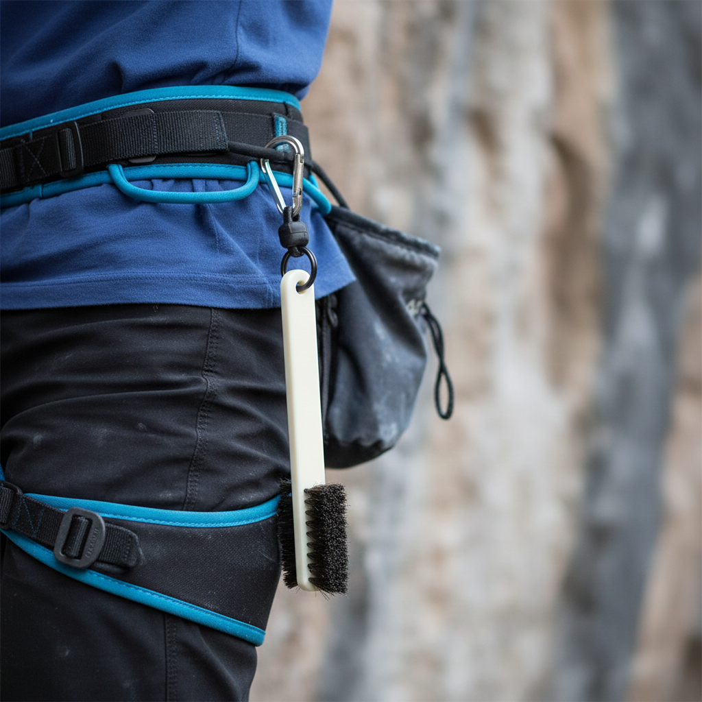 Kit de cepillo para escalada de cerdas naturles junto con clip de liberación rápida.